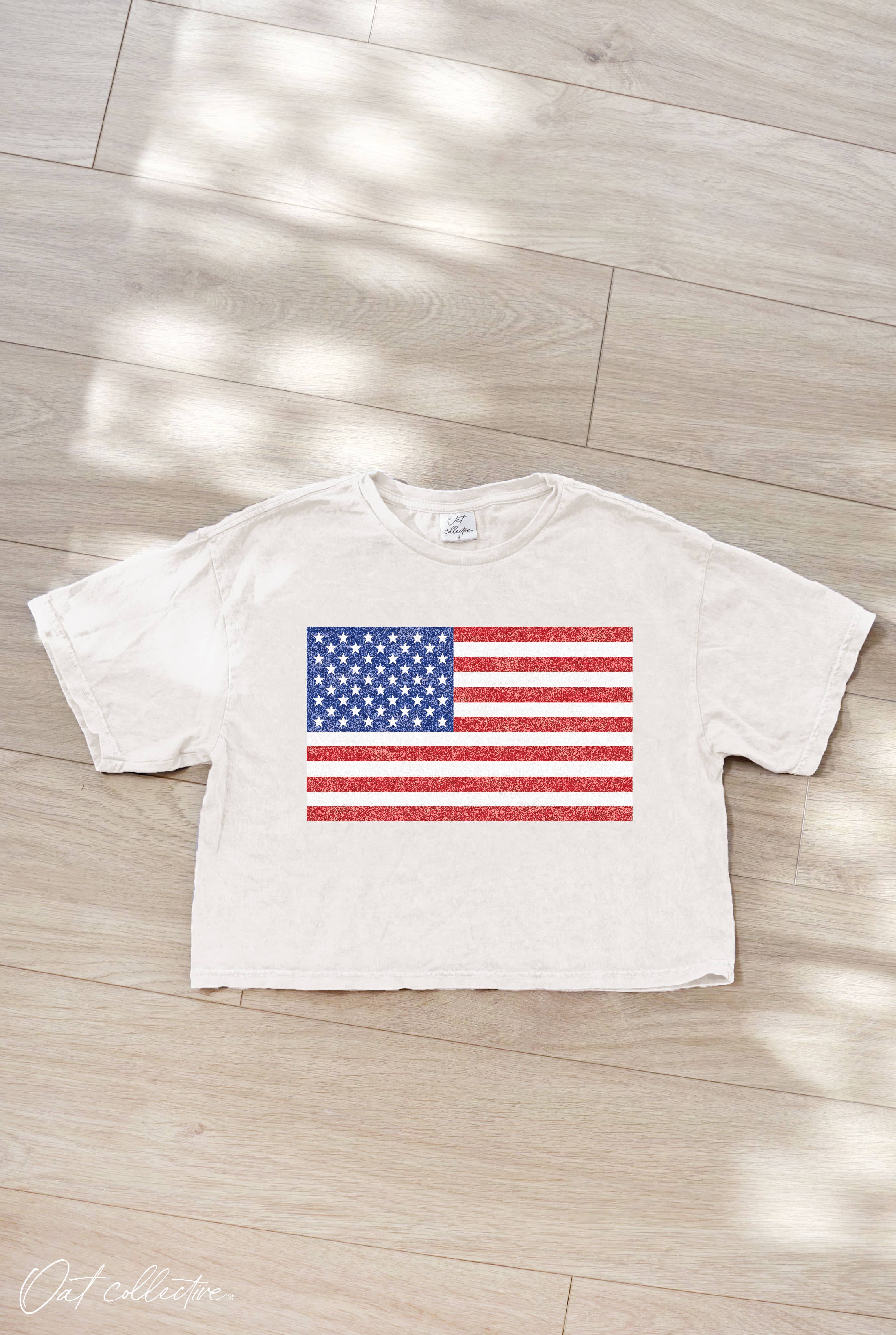USA FLAG Cropped Mineral Graphic Top: SOFT PINK / L